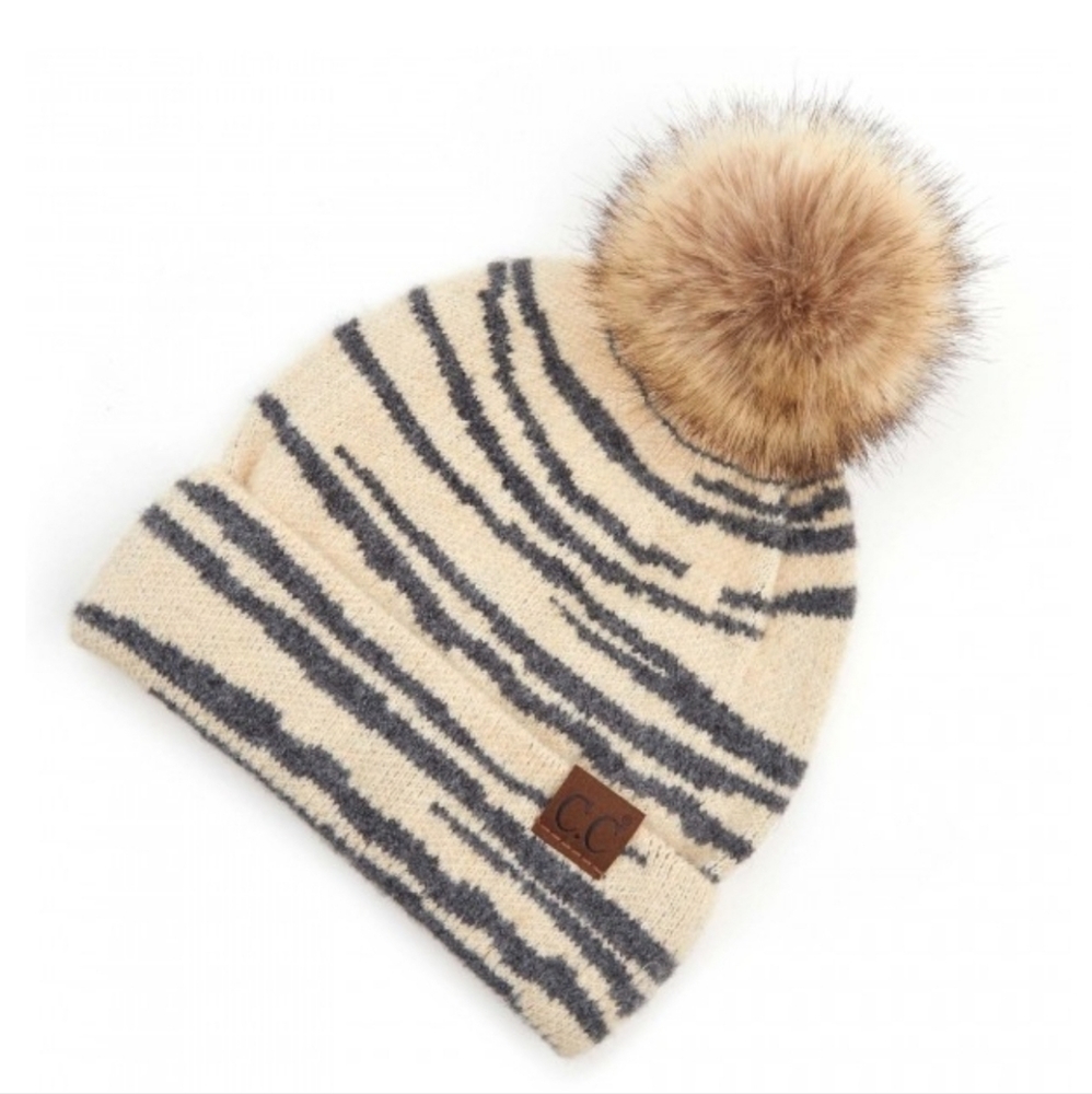 C.C HAT Zebra Print Pom Beanie- One size fits most